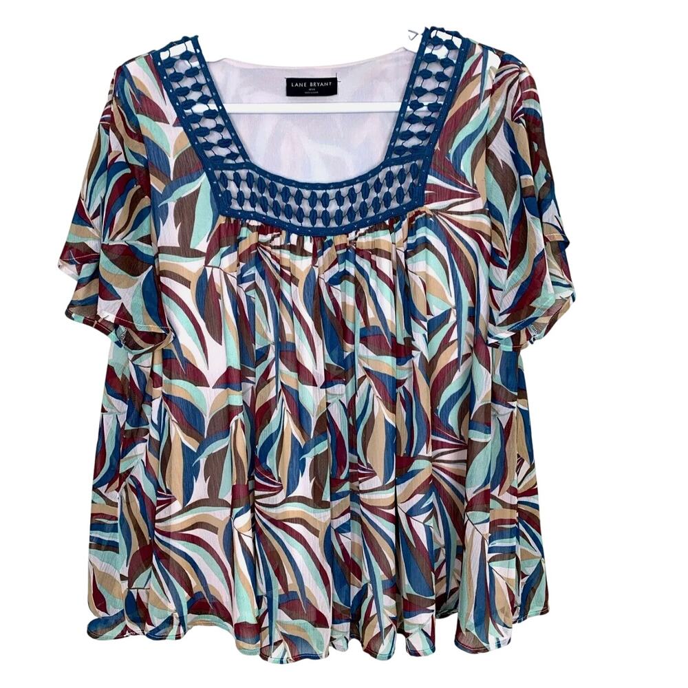 Lane Bryant 18/20 Boho Blouse Relaxed Square-Neck Top With Trim Detail